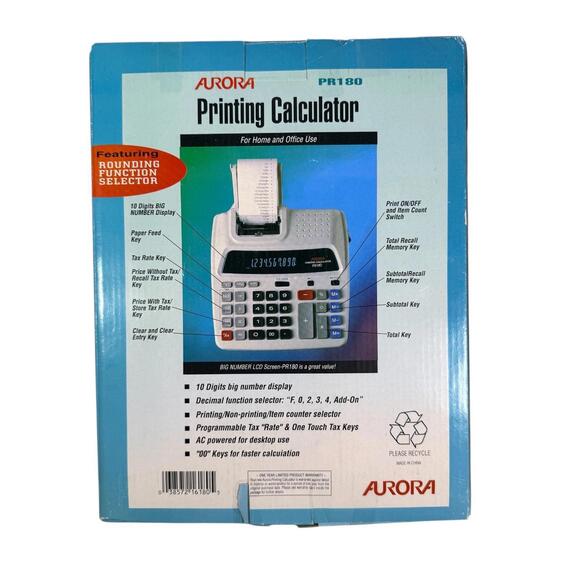 New Open Box Aurora PR180 Printing Calculator 10 Digit Tax Function Desktop - Picture 5 of 5
